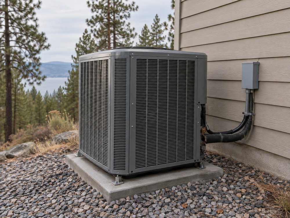 An outdoor condensing unit beside a house with pines behind under a hazy summer sky